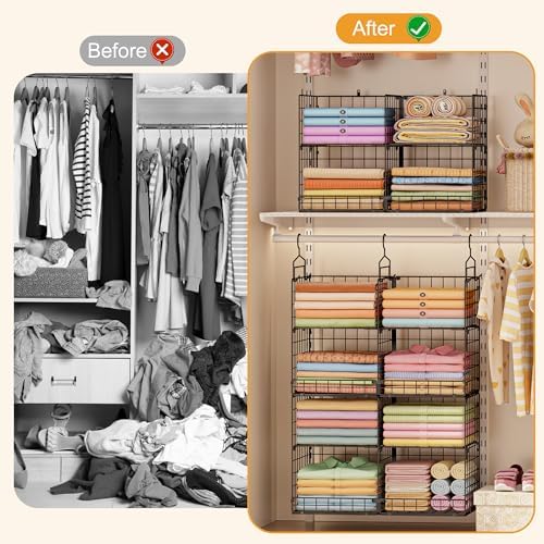 Hanging Closet Organizer with DIY Spacing, Double-Row Closet Hanging Shelves ...