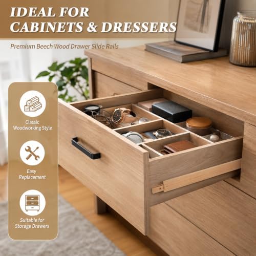 CYEAH 6 Pcs Wood Drawer Slides, 17 inch Wooden Drawer Slides, Wooden Undermou...