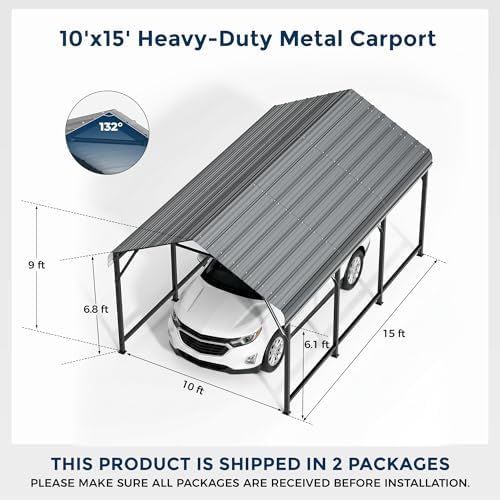 HOMSHADE 10x15FT Heavy Duty Metal Carport with 132° Steep Anti-Pooling Roof