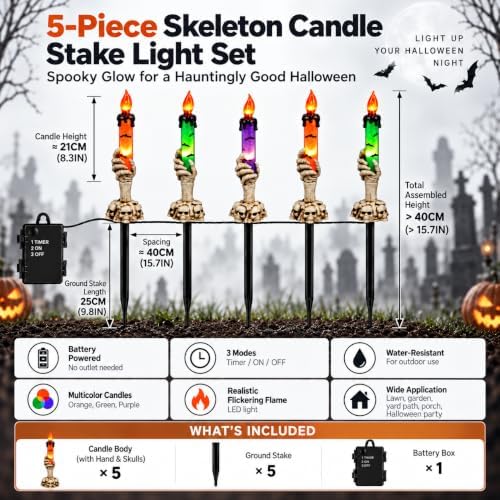 5-Pack Halloween Pathway Lights, Skeleton Hand Candle Yard Stakes
