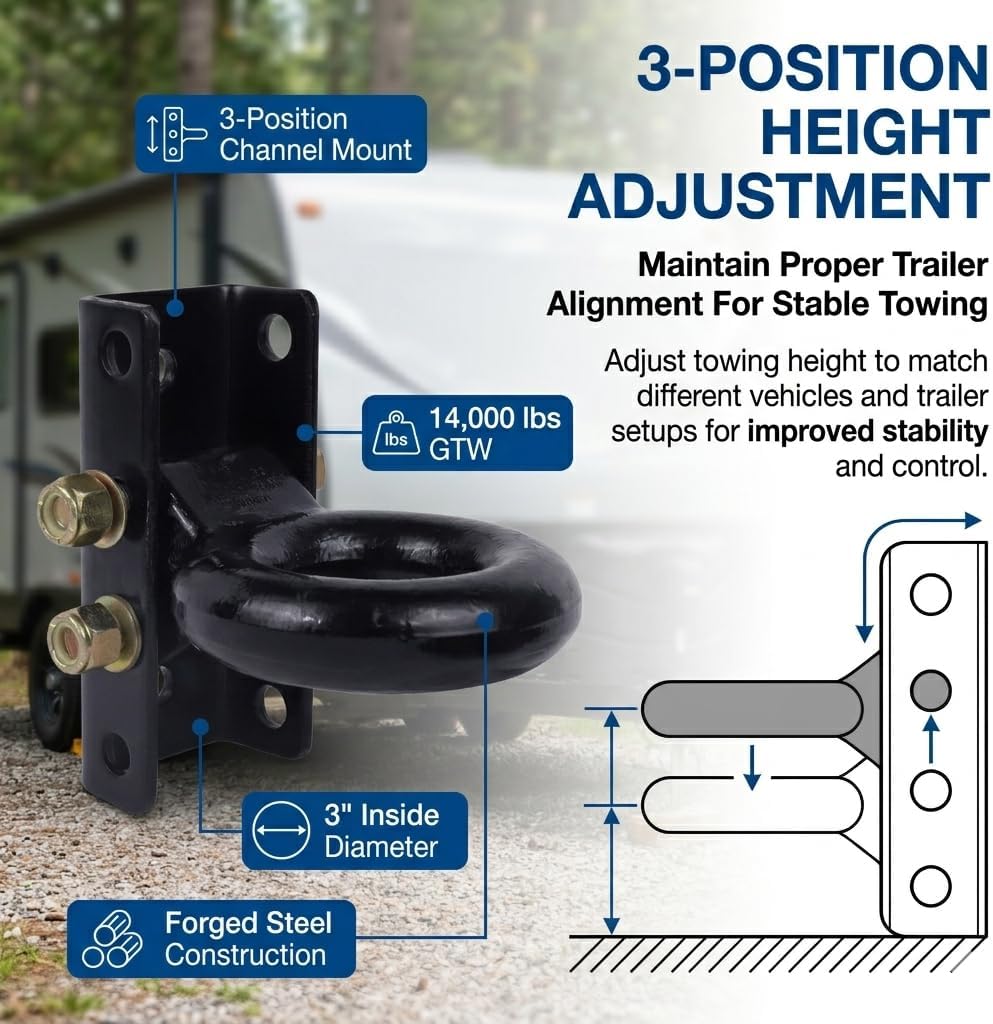 3 Inch Adjustable Lunette Ring for 14000 lbs Pintle Hitch Trailer Towing | Fo...