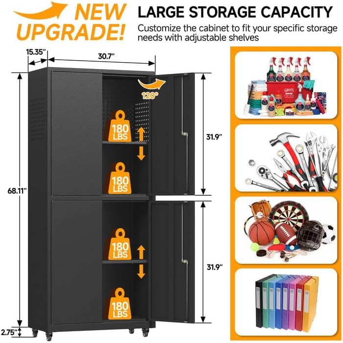 Metal Cabinet with Wheels,72.8" H Rolling Tool Storage Cabinet with Lock...