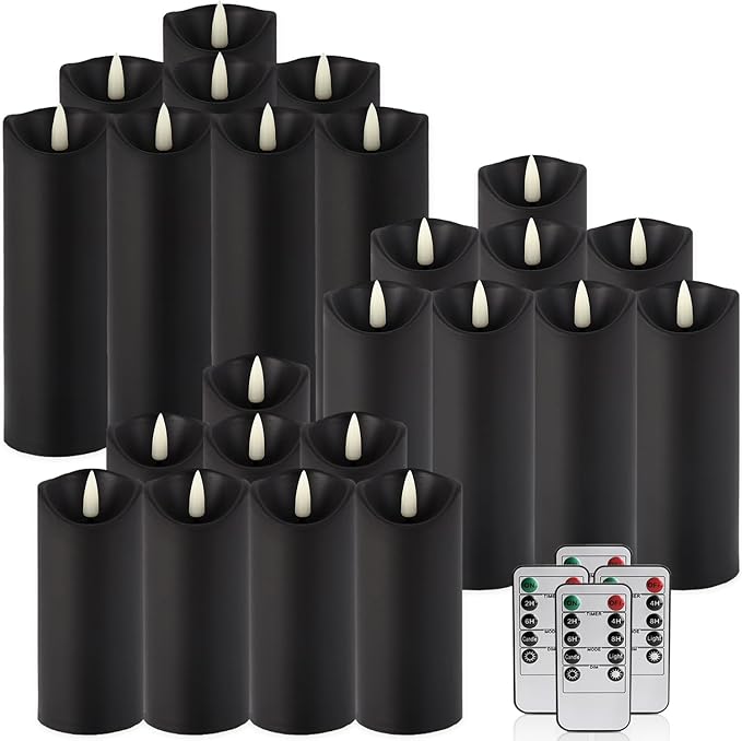 24-Pack Black Flameless LED Candles with Remote & Timer (3 Sizes) - Batte...