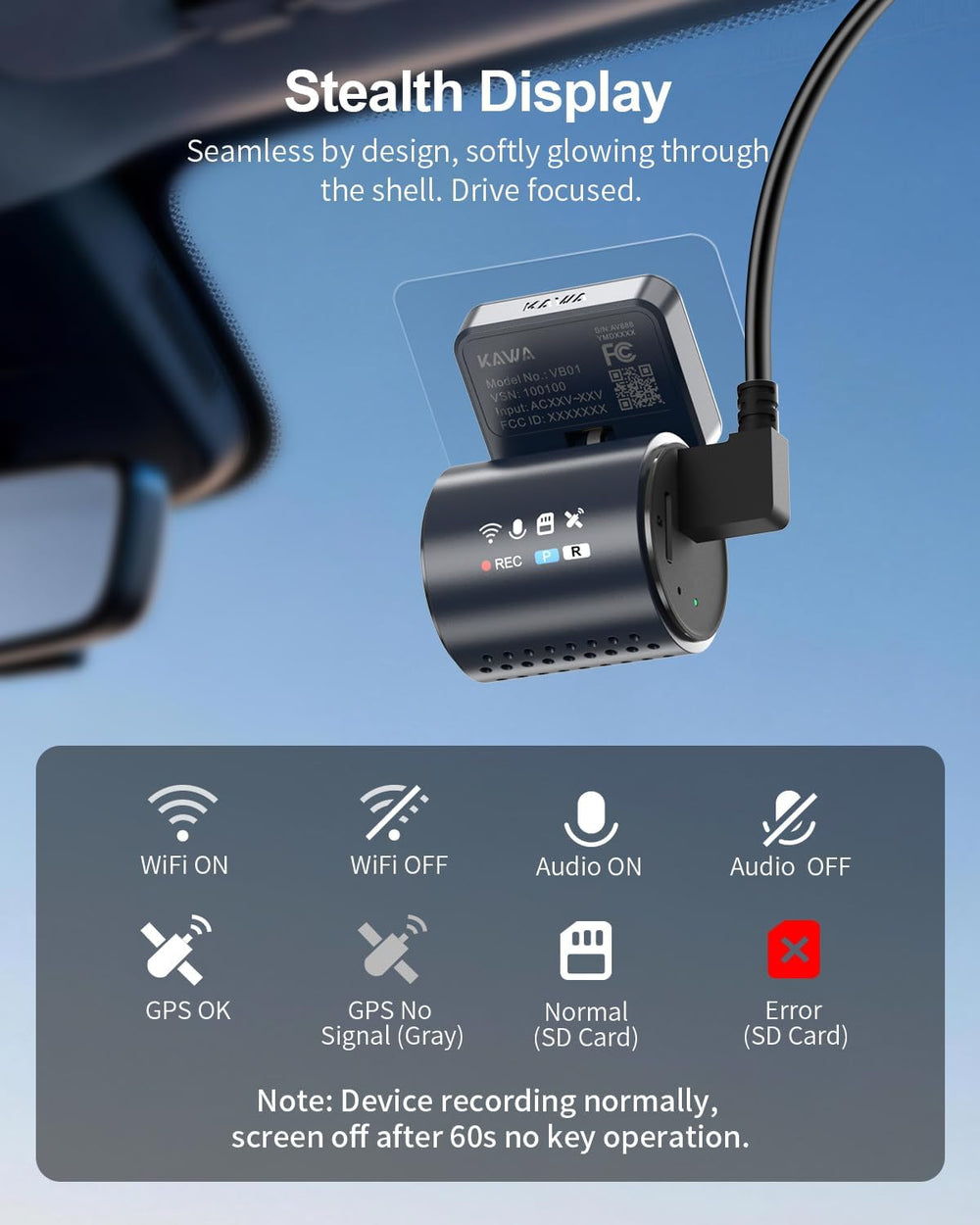KAWA 4K+1080P Dual Dash Cam, Stealth Display, Voice Control, Wi-Fi 6 & GPS