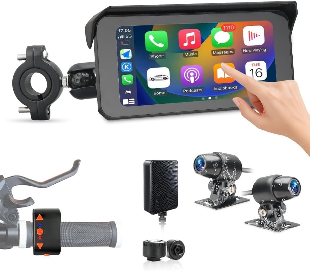 Motorcycle Carplay Screen,5G WiFi 2K Front and Rear Camera, Wireless Carplay ...