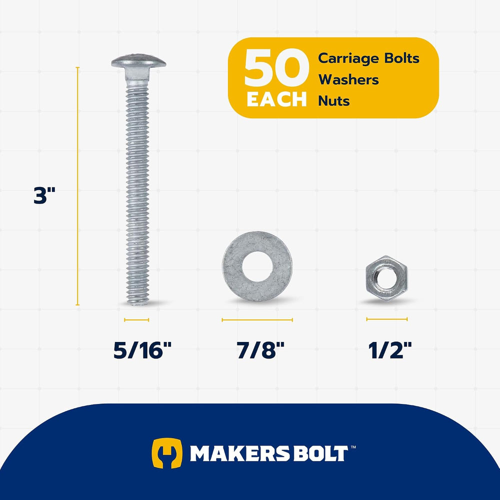 5/16" x 3" (50 Pack) Galvanized Carriage Bolt Kit Grade 307A Includ...
