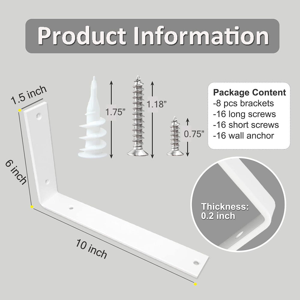 Shelf Brackets 10 Inch Wall L Brackets 8PCS Heavy Duty for Shelves Metal Whit...