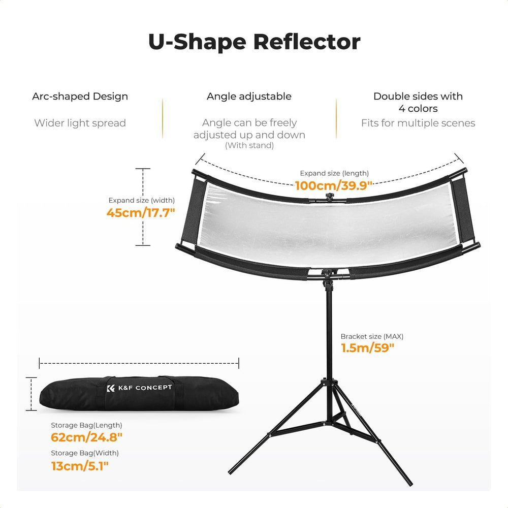 K&F CONCEPT U-Shape Reflector, 100x45cm, with 1.5m Stand, 4-in-1 Reflector