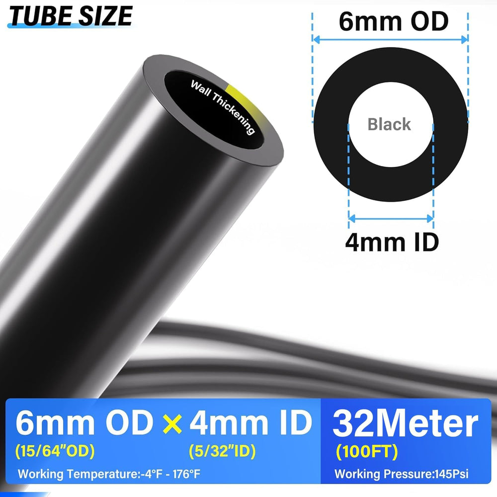 TAILONZ Black 6mm OD 4mm ID PU Air Hose Pipe Tube Kit 32 Meter 100ft