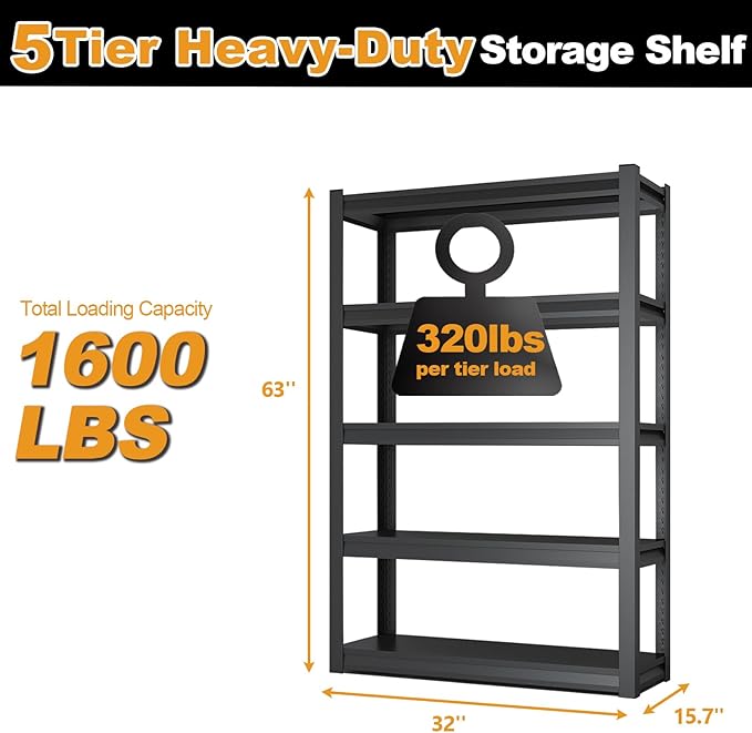 63H Metal Kitchen Storage Shelves, 1600 LBS Heavy Duty Garage Shelving Unit