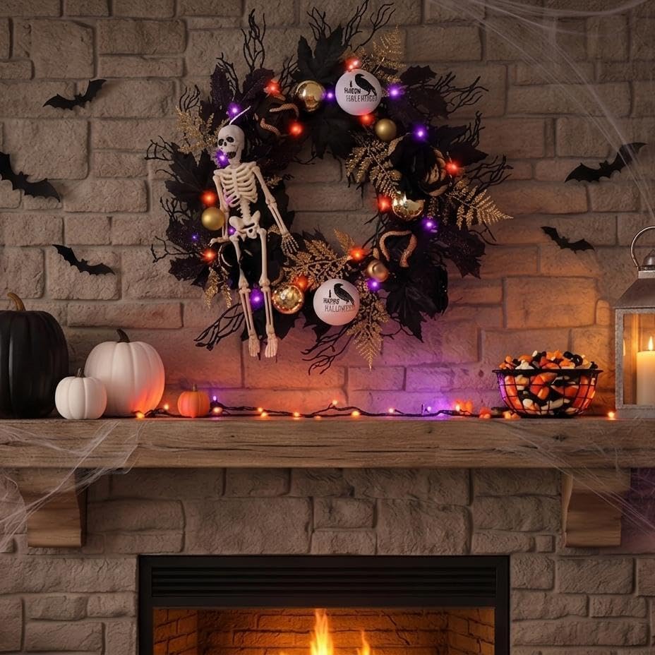 DecorbyHannah 24'' Skeleton Halloween Wreath with Lights for Front Door