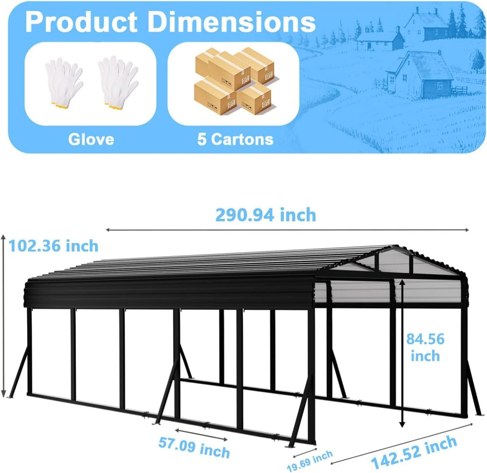 12x25 FT Metal Carport with Extra 6 Side Reinforcement Support Rods