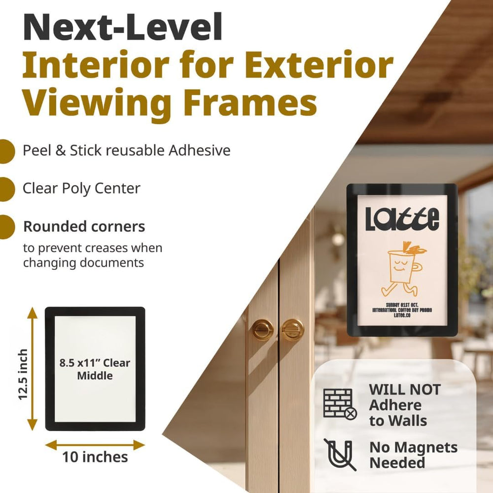 Letter-Size 8.5 x 11 Adhesive Frames, Black, Use on Glass
