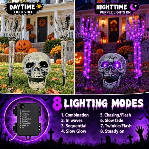Halloween Skeleton Decorations Outdoor, Light Up Skull Head & Skeleton Ha...