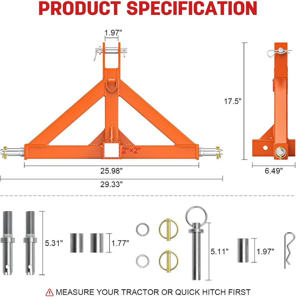 3 Point Trailer Hitch with 2" Receiver for Cat.1 Tractor Quick Hitch Orange