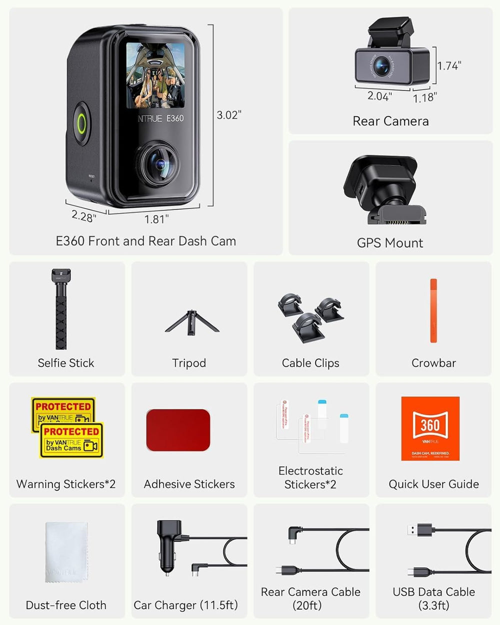 Vantrue E360 ACE All Channel Dash Cam 585° Fisheye Selfie Stick Tripod