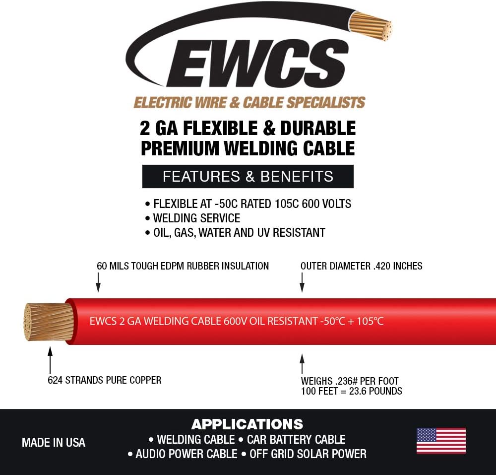 EWCS 2 Gauge Premium Extra Flexible Welding Cable 600 Volt - Red - 25 Feet - ...