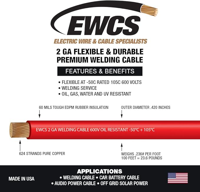 EWCS 2 Gauge Premium Extra Flexible Welding Cable 600 Volt