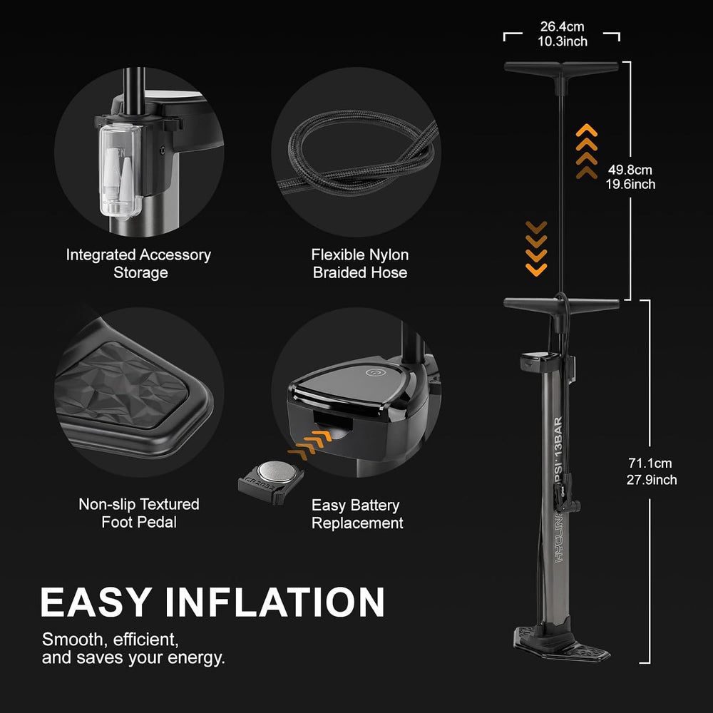 Hycline Tubeless Booster Bike Floor Pump: 200 PSI Digital Gauge Air Tank