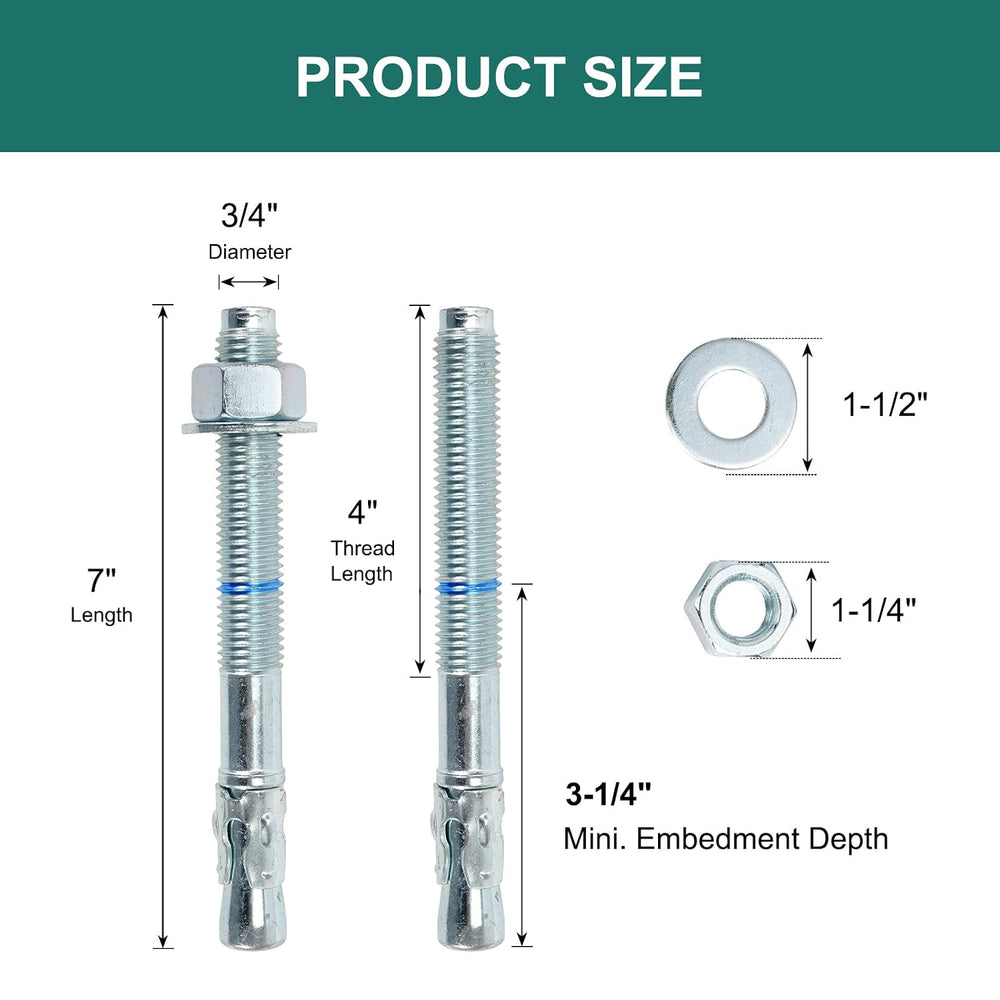 3/4" x 7" Concrete Anchors (10 Pack) 3/4 inch Wedge Anchors Bolts Z...
