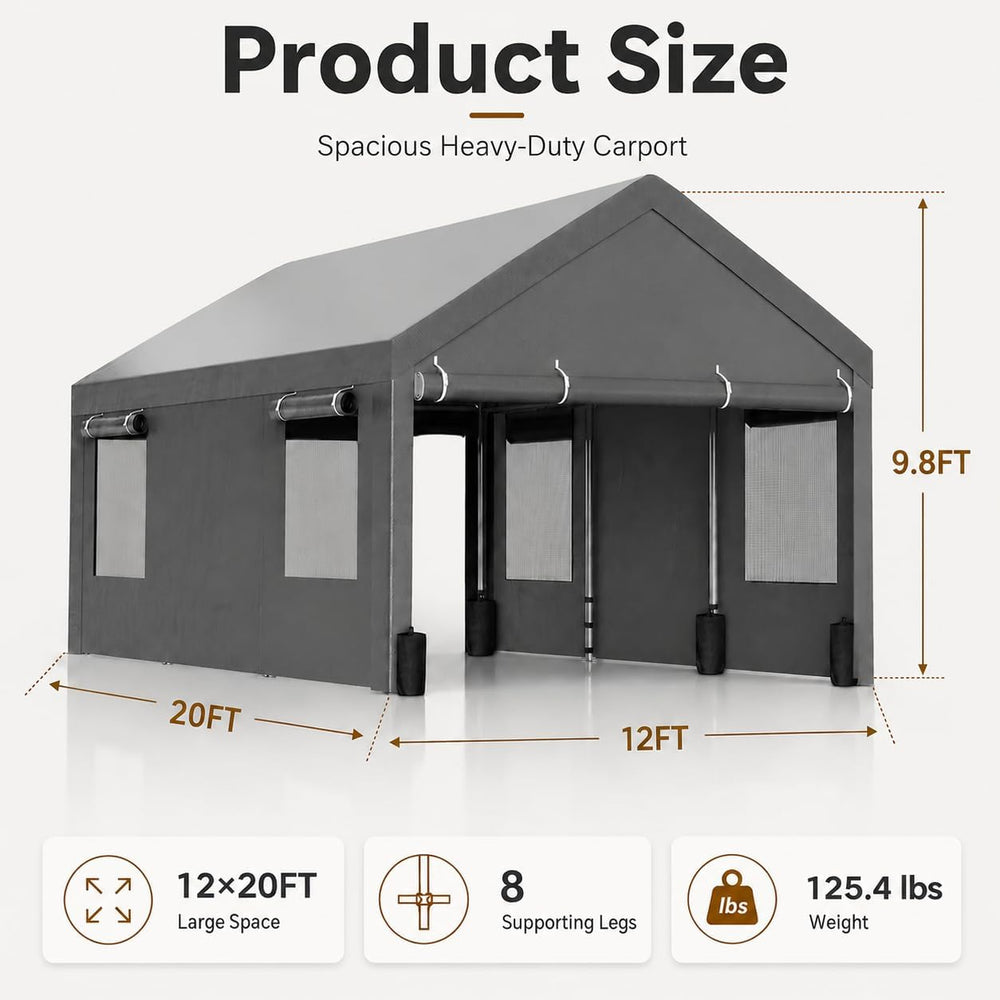 Nuturelly 12x20 Heavy Duty Carport, Portable Garage for Truck SUV, Gray