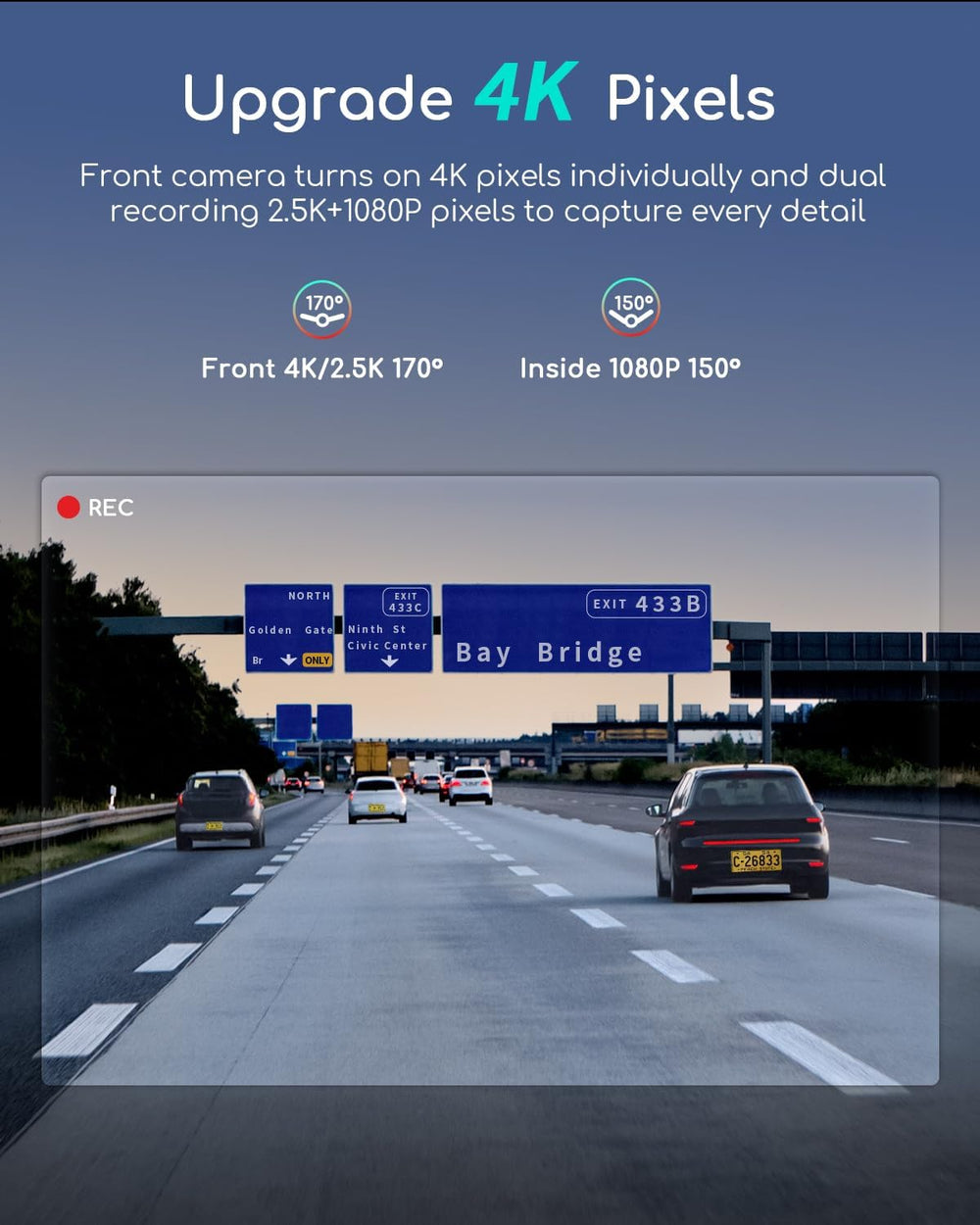 COOAU 4K Dual Dash Cam, Built-in GPS WiFi, 2.5K+1080P Dash Cam Front Inside