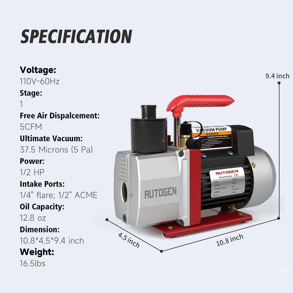5CFM Vacuum Pump, 1/2HP 38 Micron 110V HVAC Vacuum for R12 R22 R134a R410a, 1...