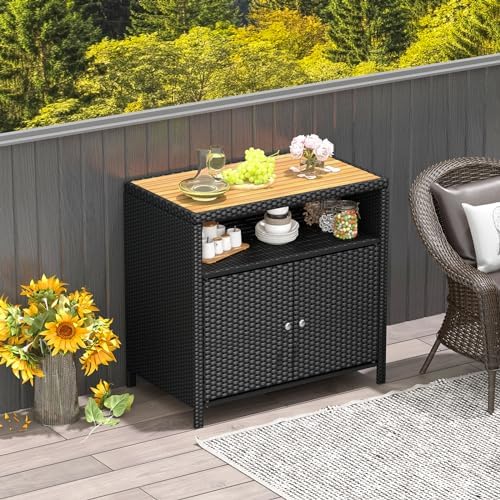 Tangkula Rattan Outdoor Storage Cabinet, Patiojoy Outdoor Cabinet with Acacia...