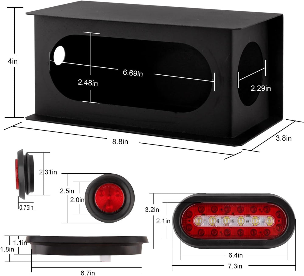 2Pcs Trailer Lights Steel Boxes Housing Kit 6inch&2inch marker Tail Lights