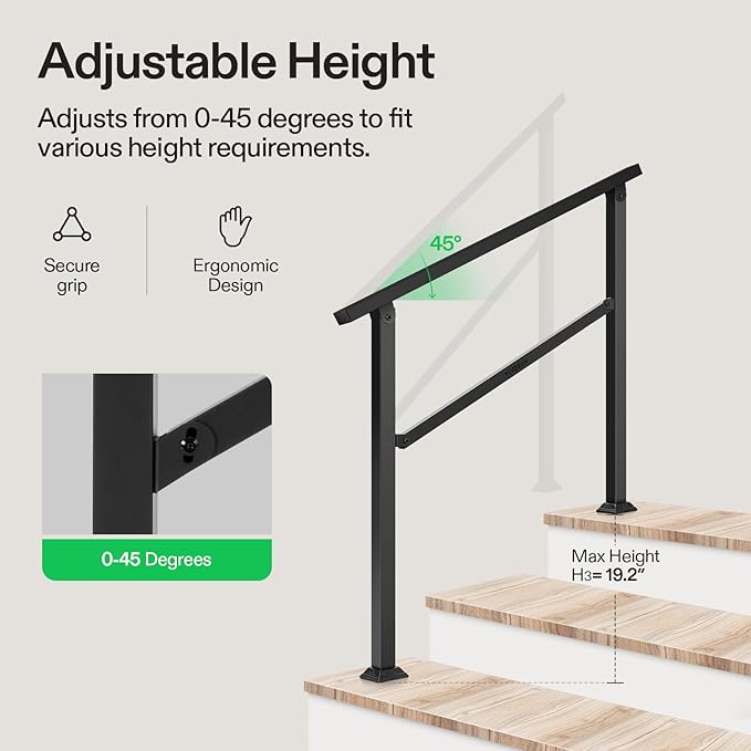 VIVOSUN Outdoor Handrail, 3 Step Stair Handrail, Wrought Mattle Iron Handrail