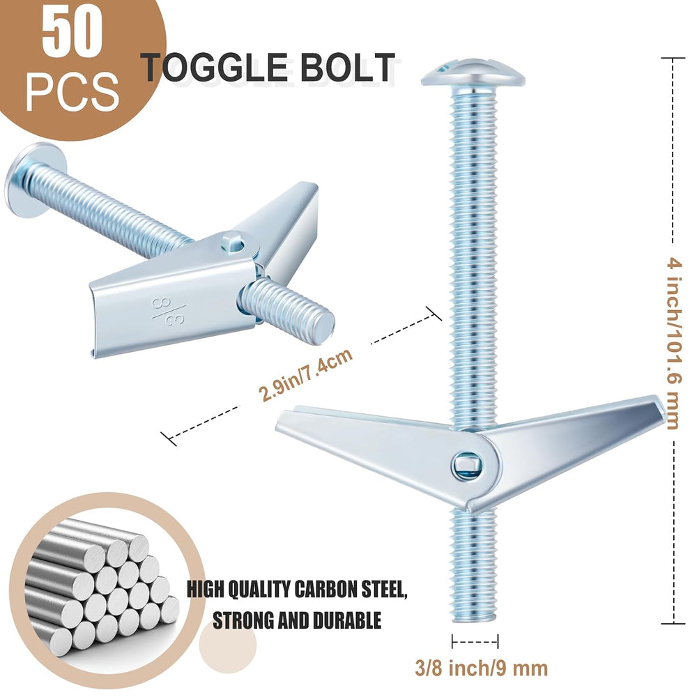 Yaocom 50 Pcs 3/8" X 4" Toggle Bolts and Wing Nut Wall Anchor for D...