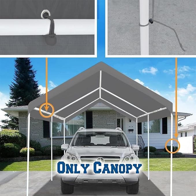 10' x 20' Upgraded Carport Replacement Canopy Cover Grey