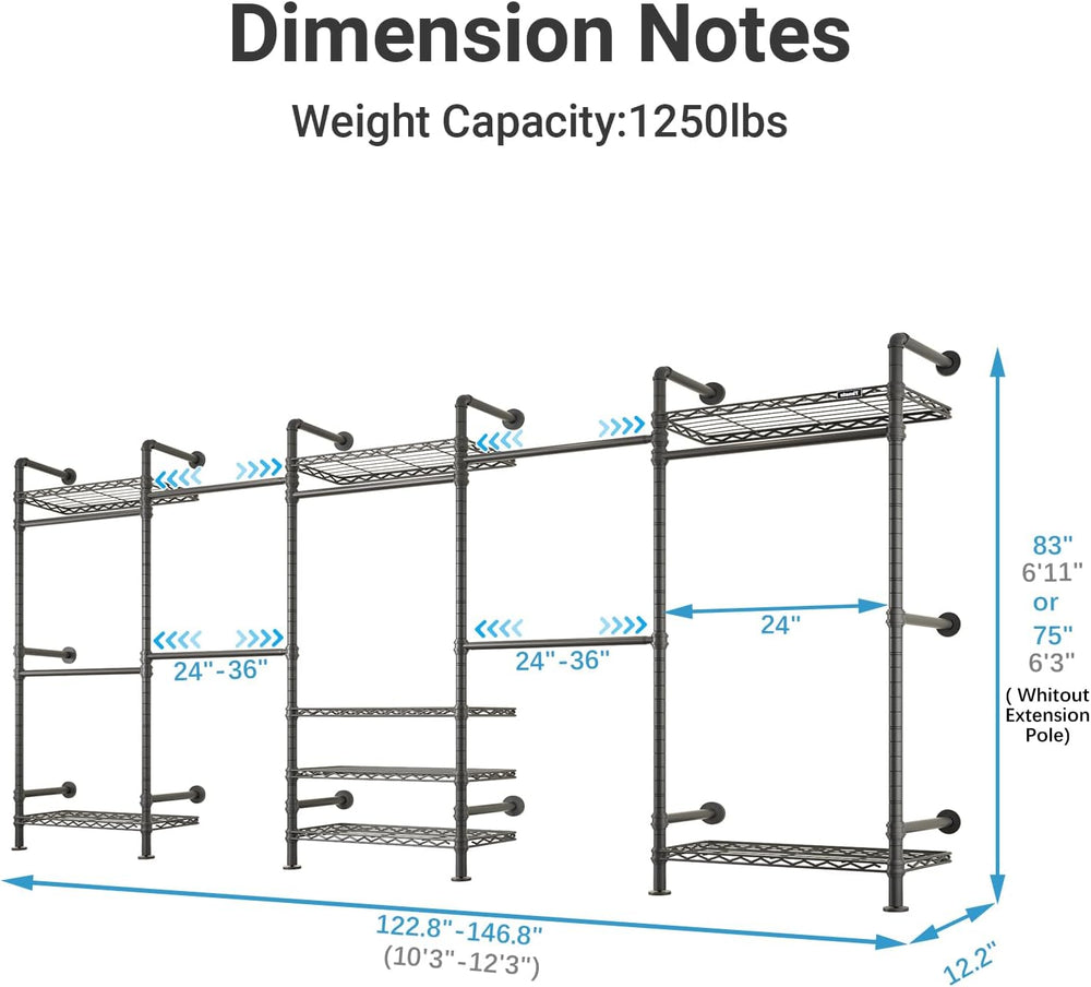 Timate F5 Expandable Wall Mounted Clothes Rack with 8 Adjustable Shelves &amp...