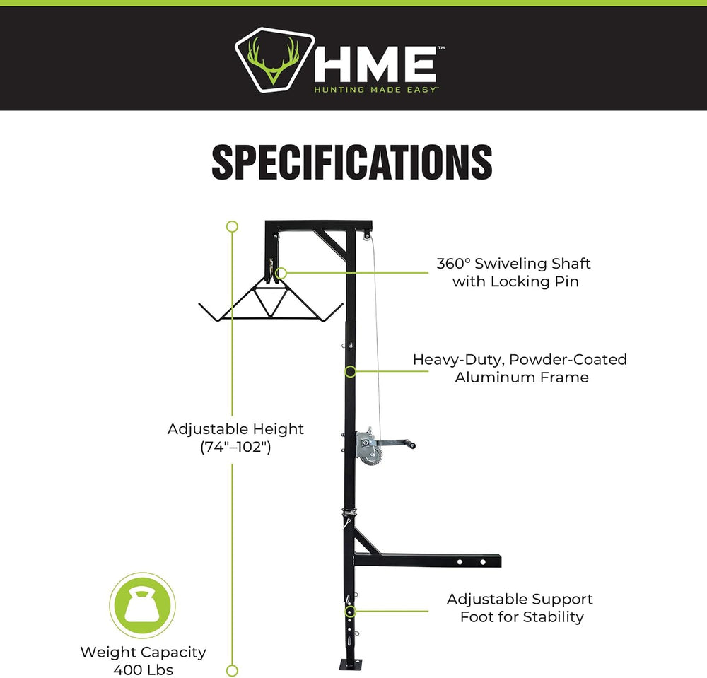 HME Truck Hitch Game Hoist Kit with Winch and Gambrel, 400 lb Capacity