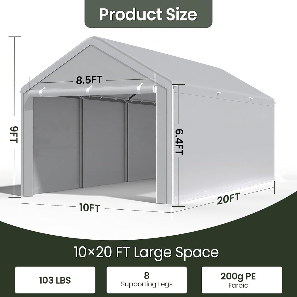10x20 Carport with Sidewalls, Portable Garage Canopy for Truck Boat Storage