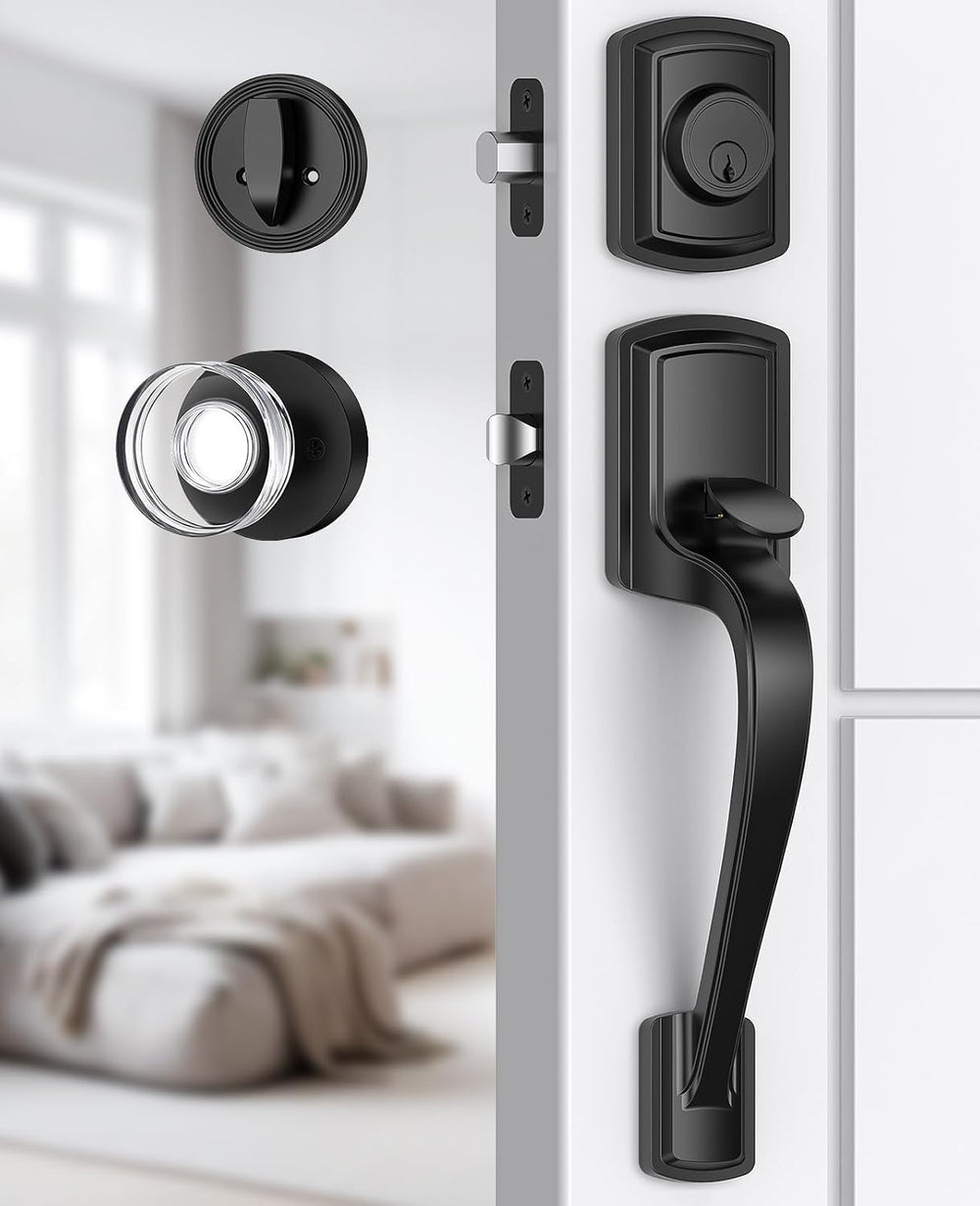 Black Front Door Handle and Deadbolt Set with Crystal Door knob