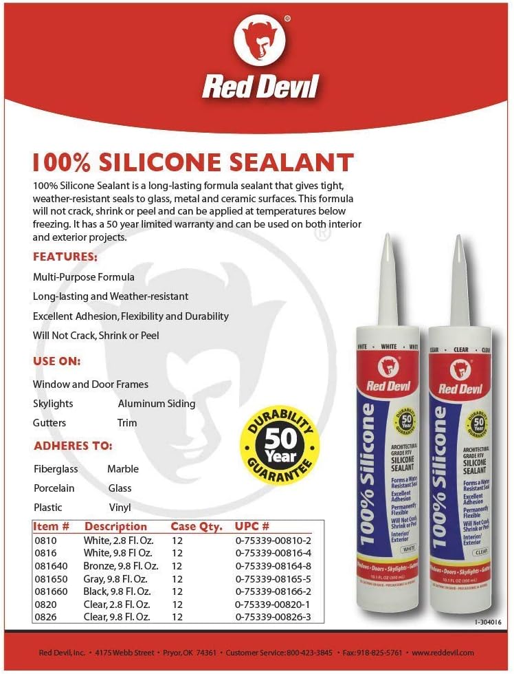 Red Devil 082012 100% Silicone Sealant Architectural Grade, Clear, 2.8 Oz, Pa...