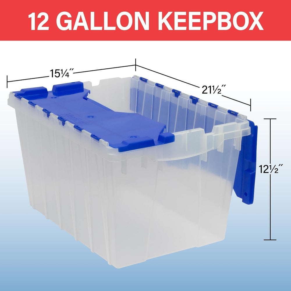 Akro-Mils KeepBox 12 Gal Storage Box, Lid Attached, Stackable, Clear/Blue