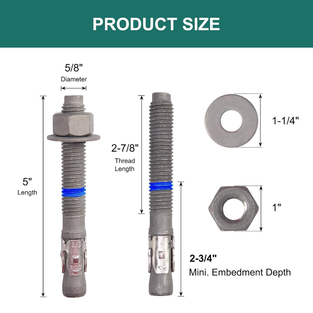 5/8" x 5" Concrete Anchors (20 Pack) 5/8 inch Wedge Anchors Bolts H...