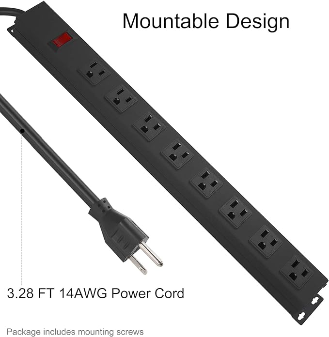 2Pack Metal 8 Outlet Mountable Power Strip, Wall Mount Outlet Heavy Duty