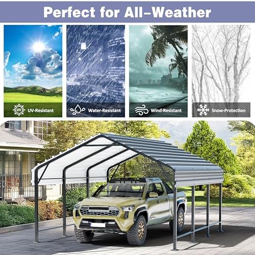 JY QAQA 12 x 15 FT Metal Carport Kits with Galvanized Steel Roof, Heavy Duty ...