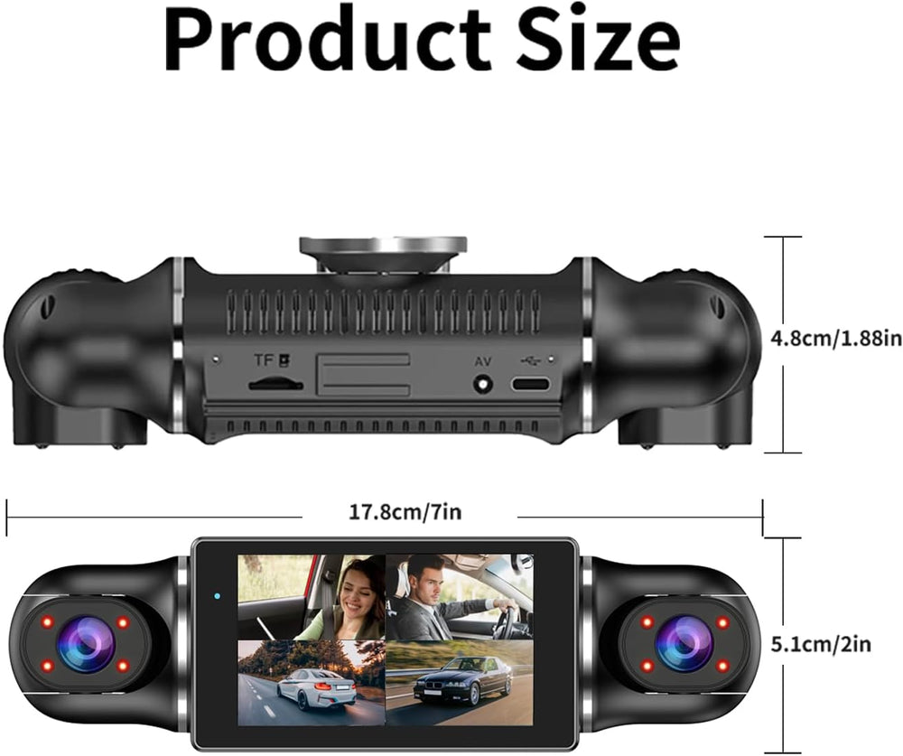 360° Dash Cam Front and Rear View 4 Channel Dash Camera FHD 2K+1080Px3 for Ca...