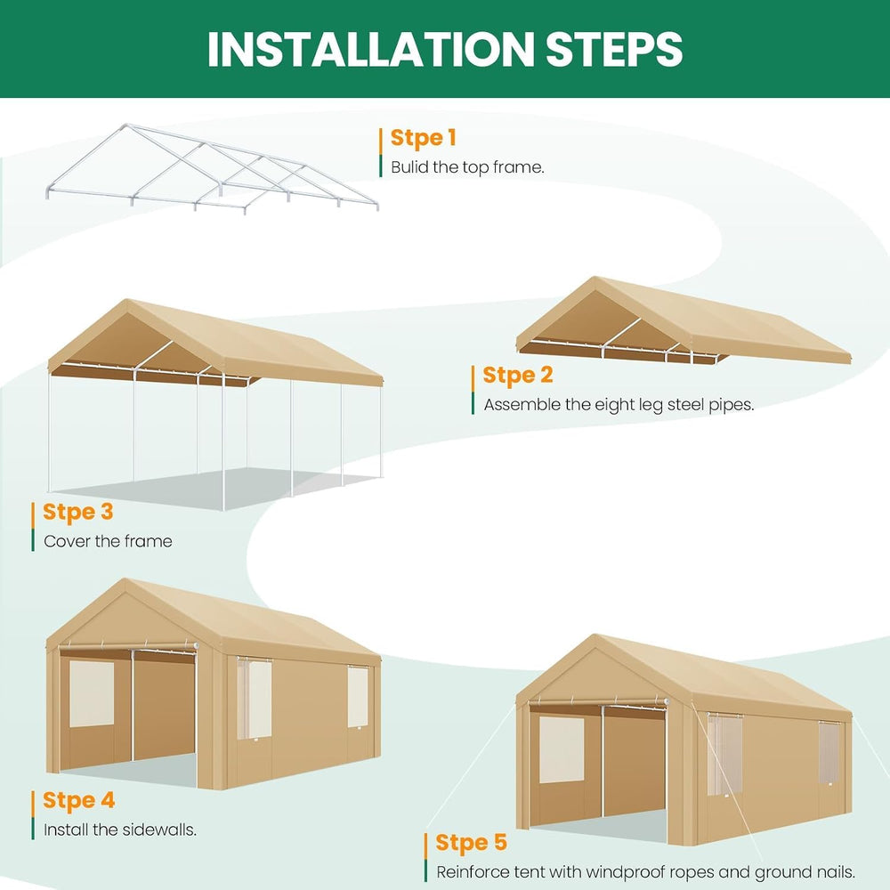 10x20 FT Heavy Duty Carport with Galvanized Frame & Sandbags, Khaki