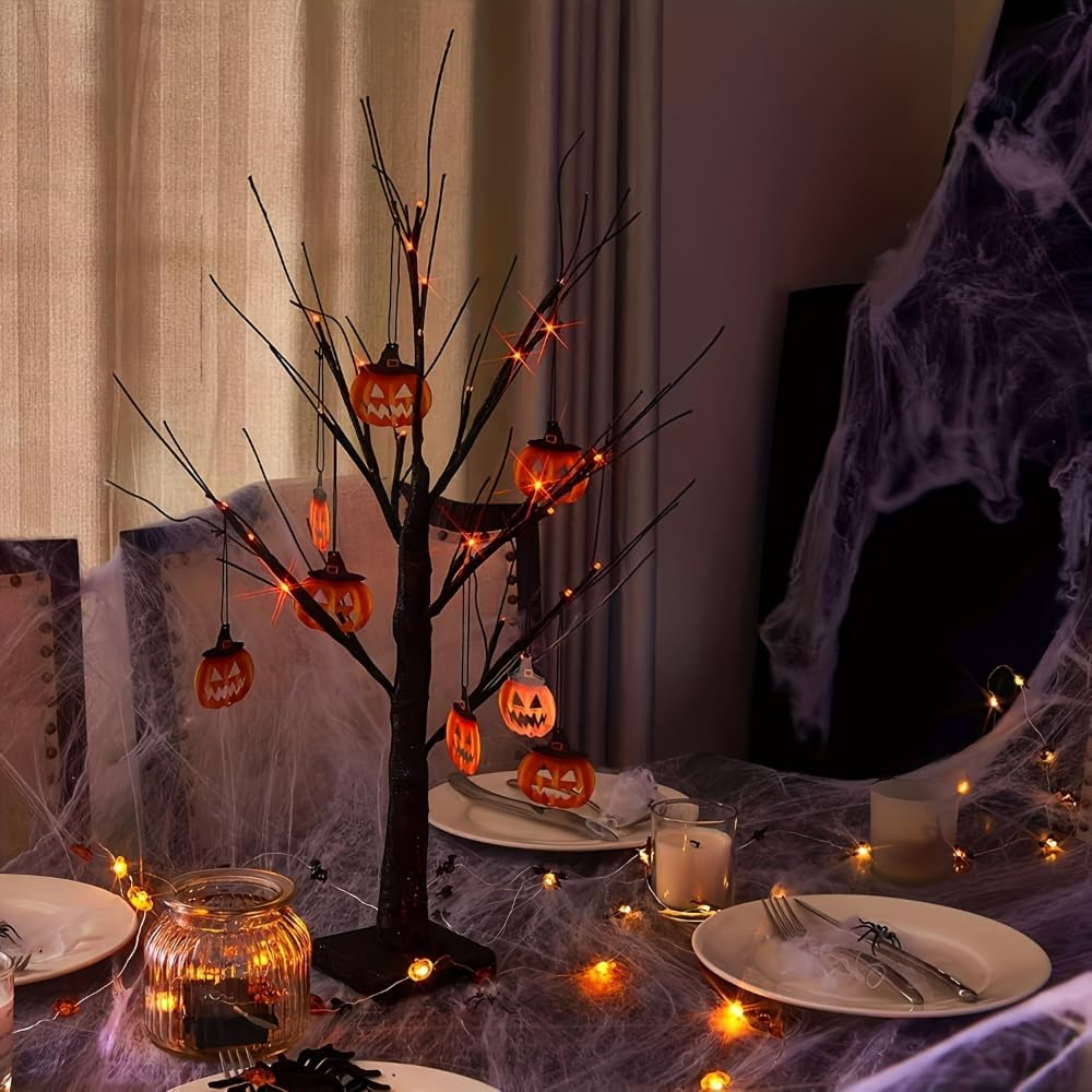 2 Pack 24 Inch Halloween Decorations Black Halloween Tree 48 led Orange Light...