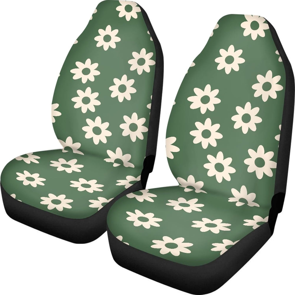 Green Groovy Flower Auto Seat Cover Set 2 Pack,Hippie Floral Car Front Seat C...
