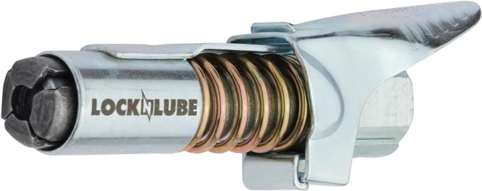 LockNLube Grease Gun Coupler locks onto Zerk fittings. Grease goes in, not on
