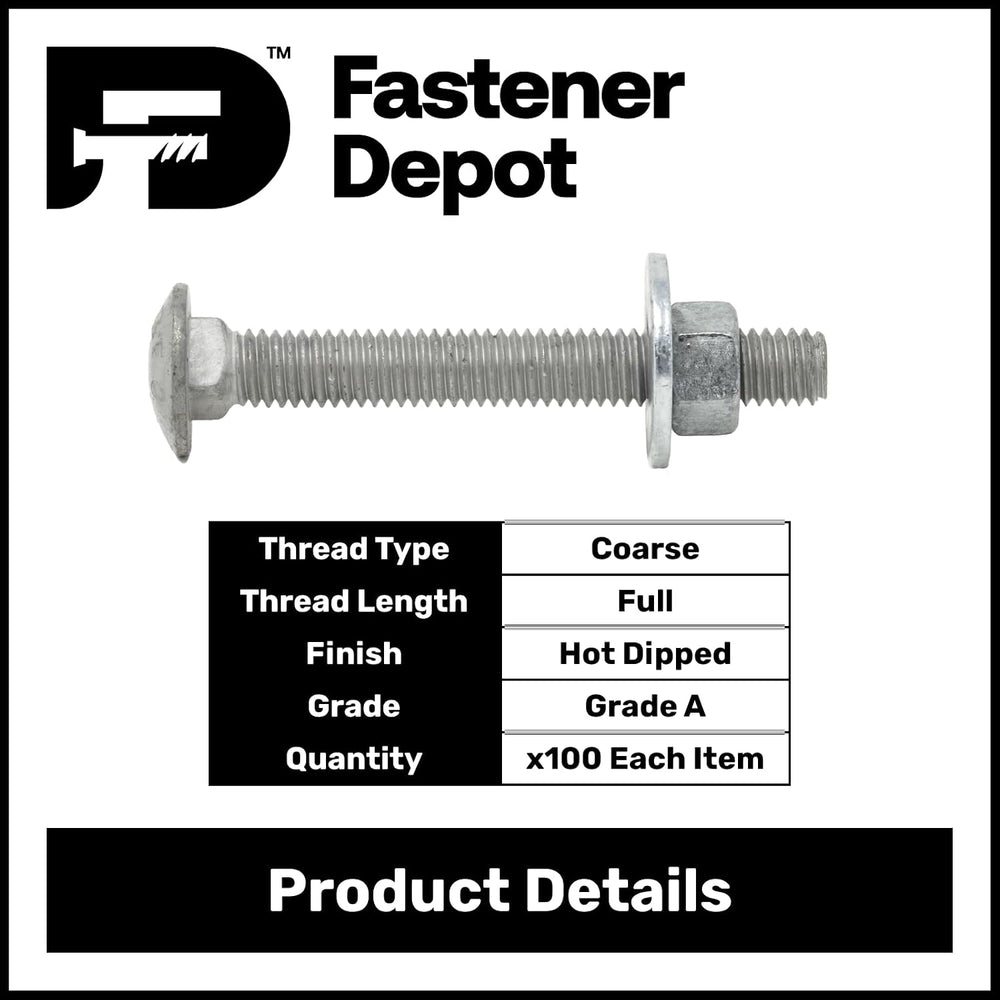 1/4"-20 x 2 (100 Pack) Galvanized Carriage Bolt Kit Grade 307A, Includes...