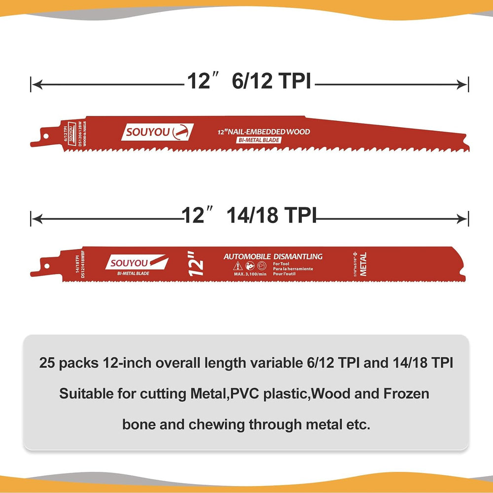 25 Pack 12 Inch 6/12 Tpi Reciprocating Saw Blades Bi-Metal with Perma-Shield ...