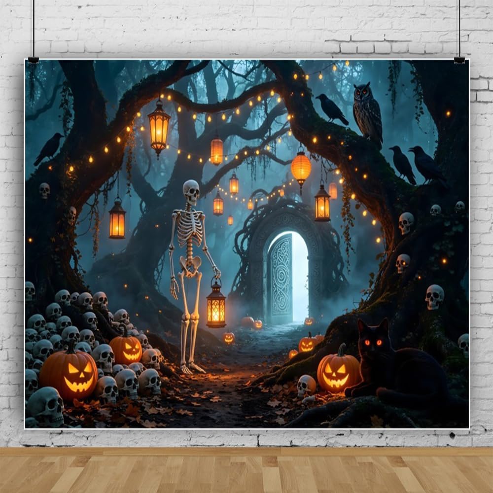 12x10ft Halloween Backdrop for Photography Skeleton Haunted Forest Backdrop