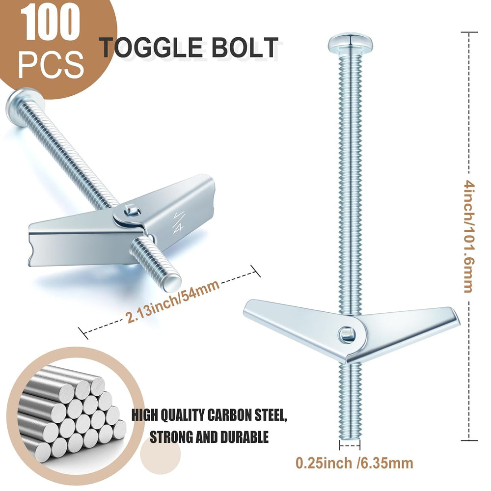Yaocom 100 Pcs 1/4" X 4" Toggle Bolts and Wing Nut Wall Anchor for ...